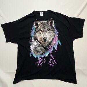 Howling Wolf Shirt‎ Mens 2XL Black Lightning Mystic Nature Big Print Art Y2K